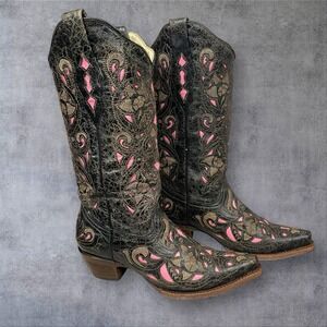 Corral Vintage Western Boots Womens 7.5 Pink Inlay Snip Toe Boho Festival Cowboy